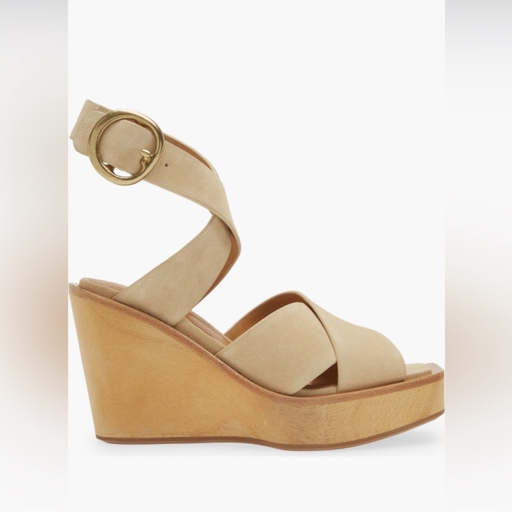 New! Rag & Bone Santiago Crisscross Wood Wedge Sandals Tan Suede Strap